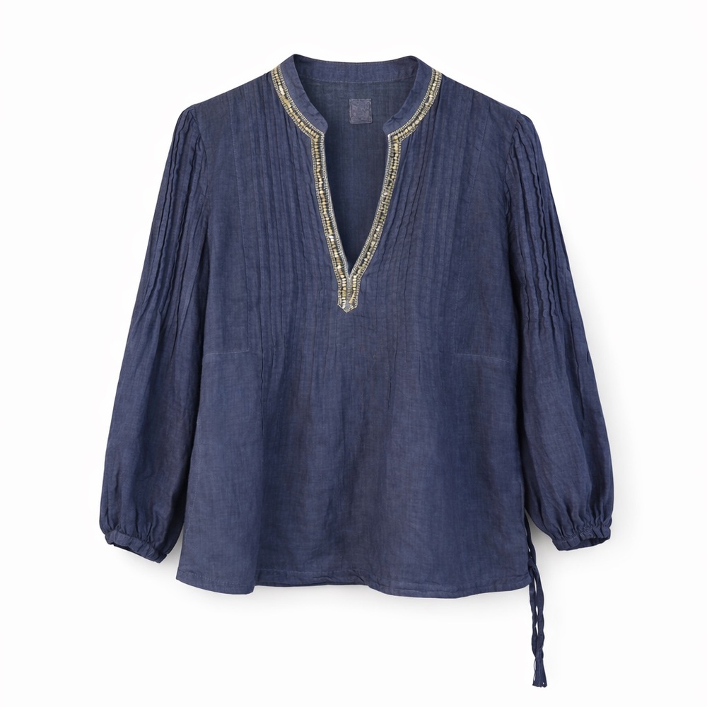 120%‎ Lino Navy Beaded Linen Blouse Split Neck US 8